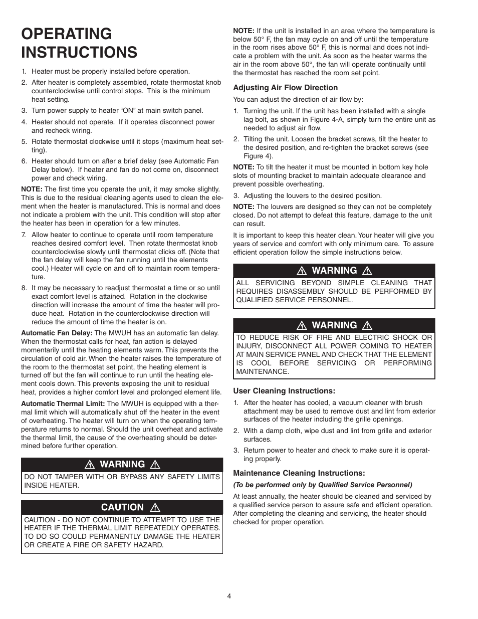 Operating instructions | Qmark MWUH Series - Horizontal / Downflow Unit Heaters User Manual | Page 4 / 20