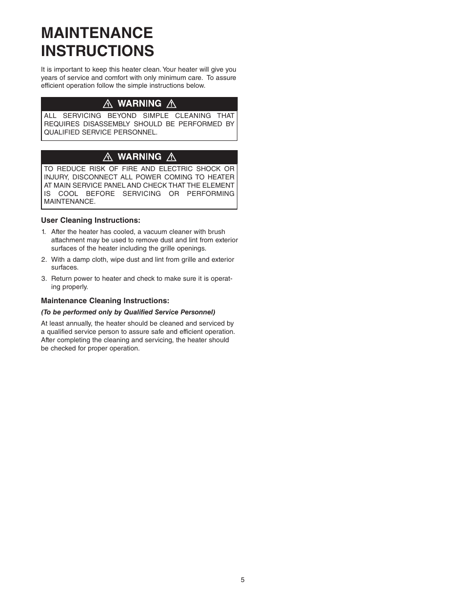Maintenance instructions | Qmark MWUH Series - Horizontal / Downflow Unit Heaters User Manual | Page 5 / 20