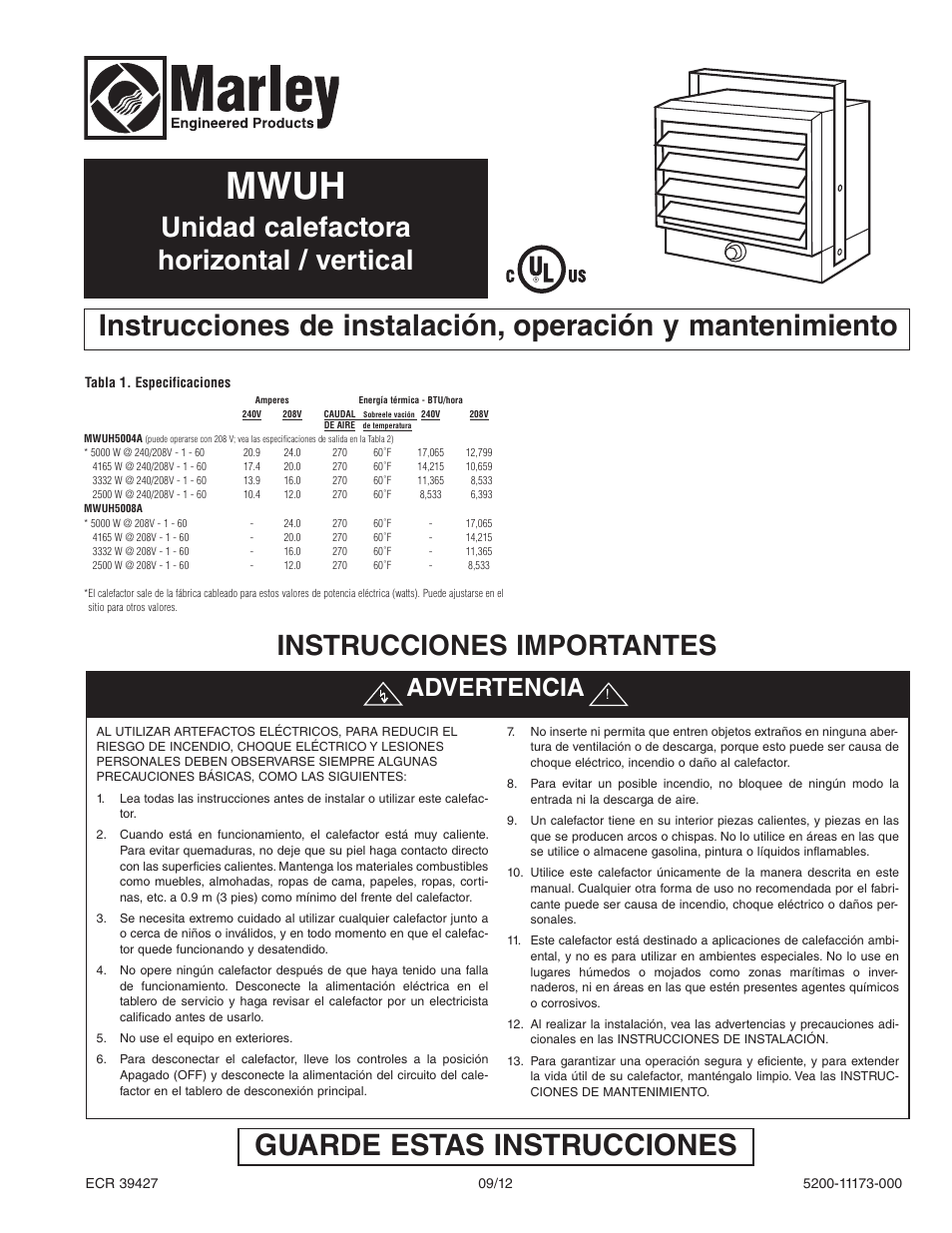 Mwuh, Guarde estas instrucciones, Unidad calefactora horizontal / vertical | Instrucciones importantes, Advertencia | Qmark MWUH Series - Horizontal / Downflow Unit Heaters User Manual | Page 9 / 20