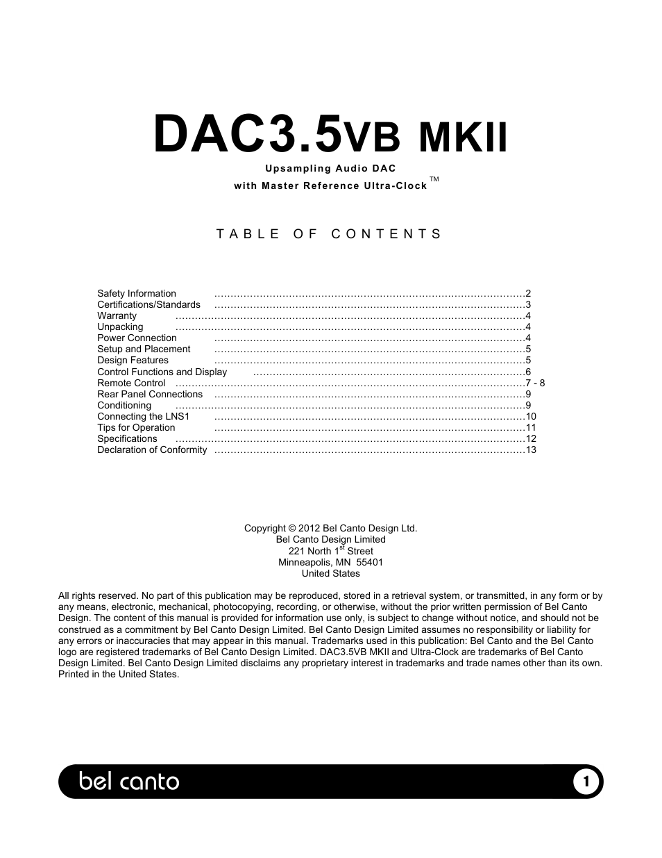 Dac3.5, Mkii | Bel Canto Design E.ONE DAC3.5VB User Manual | Page 2 / 15