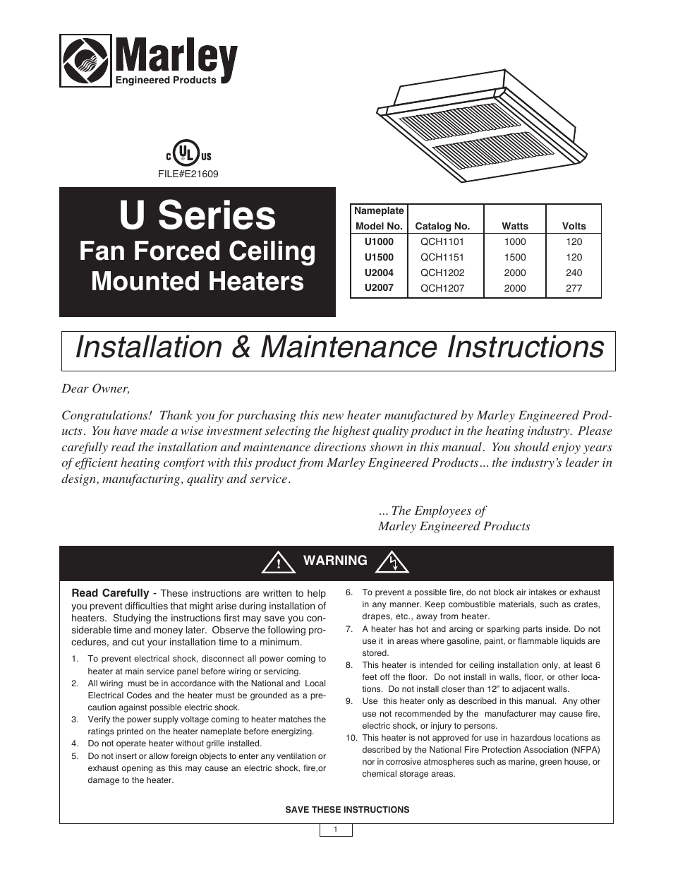 Qmark QCH - Ceiling Mounted Fan-Forced Heaters User Manual | 4 pages