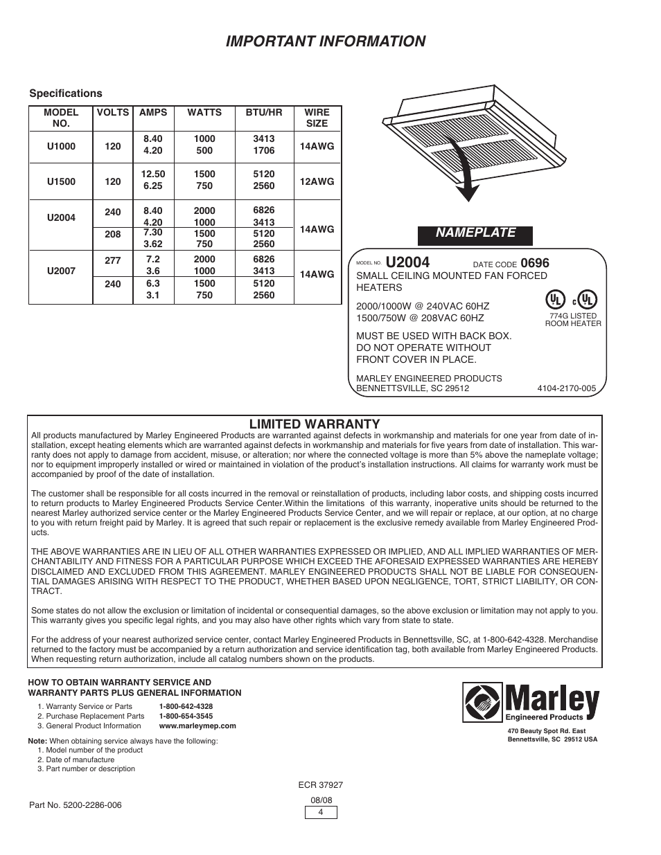 Important information, U2004, Limited warranty | Nameplate | Qmark QCH - Ceiling Mounted Fan-Forced Heaters User Manual | Page 4 / 4