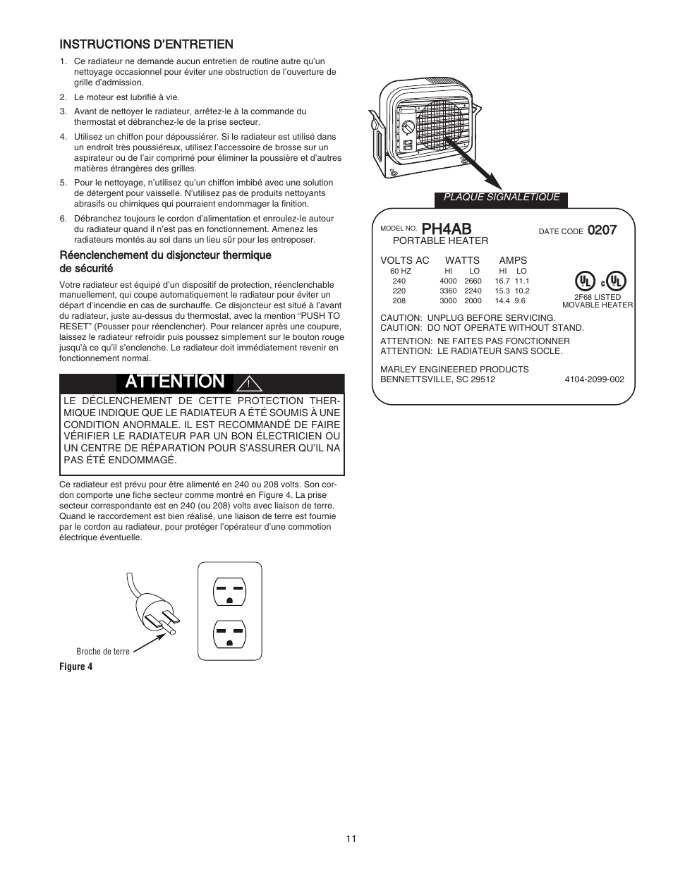 Attention, Ph4ab, Instructions d’entretien | Qmark QPH4A - Portable Unit Heaters User Manual | Page 11 / 12