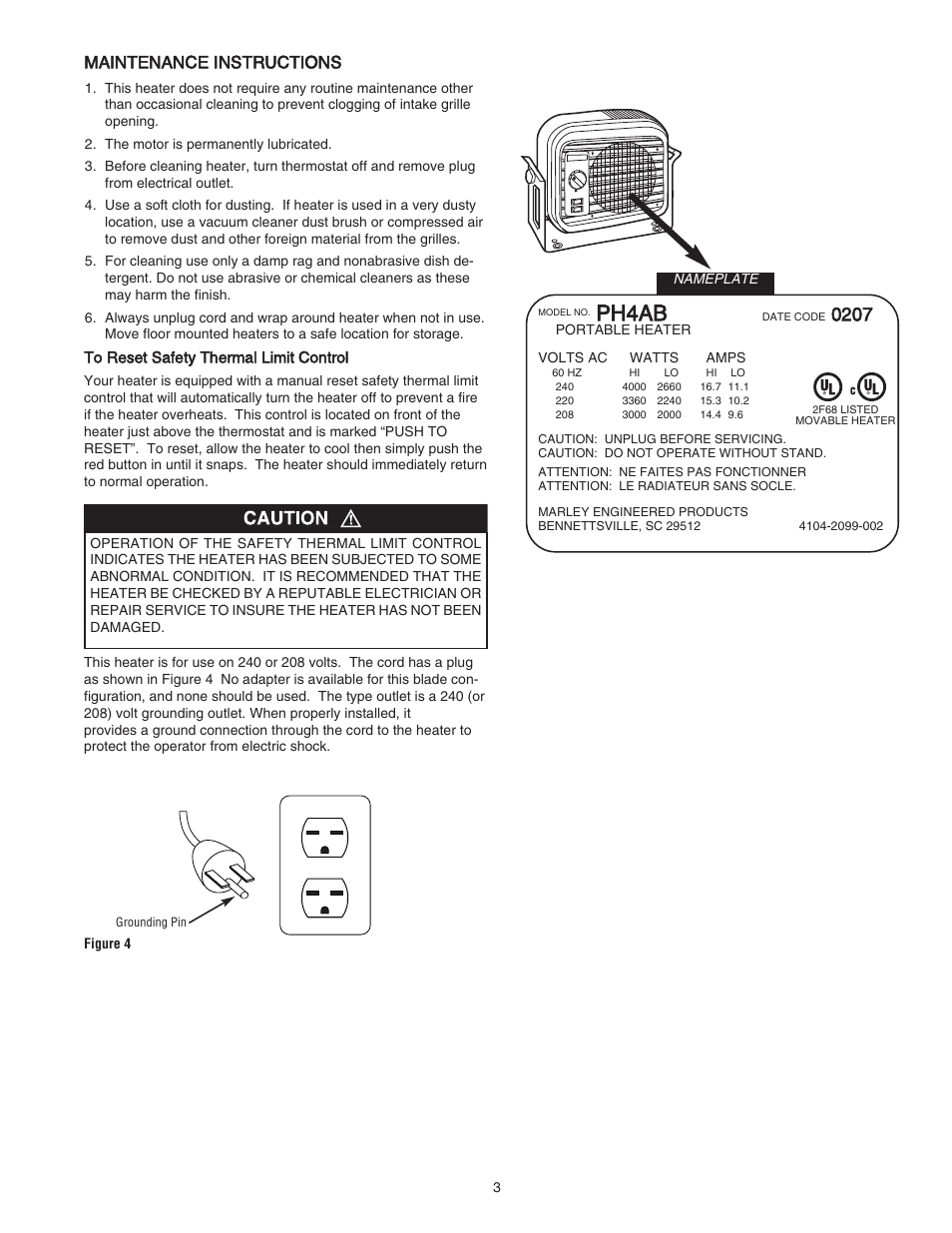 Ph4ab, Maintenance instructions | Qmark QPH4A - Portable Unit Heaters User Manual | Page 3 / 12