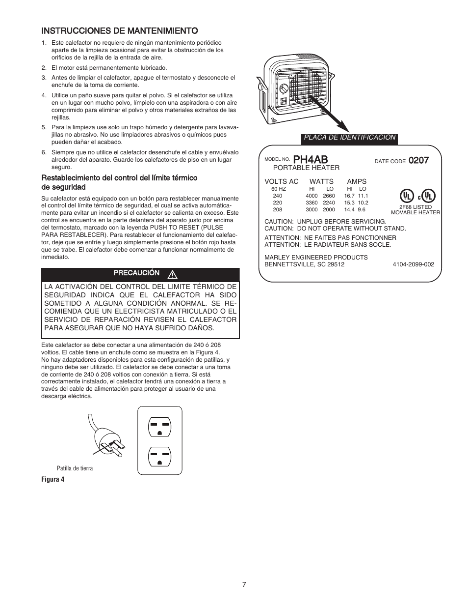 Ph4ab, Instrucciones de mantenimiento | Qmark QPH4A - Portable Unit Heaters User Manual | Page 7 / 12