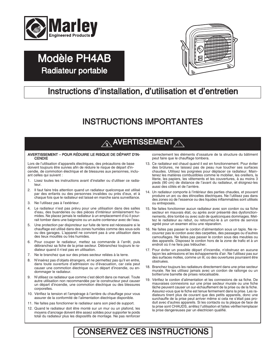 Modèle ph4ab, Radiateur portable conservez ces instructions, Instructions importantes | Avertissement | Qmark QPH4A - Portable Unit Heaters User Manual | Page 9 / 12