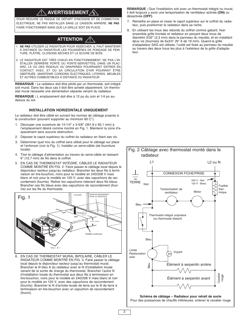 Fig. 1, Avertissement, Attention | Qmark QTS - Toe Space Fan-Forced Heaters User Manual | Page 10 / 12