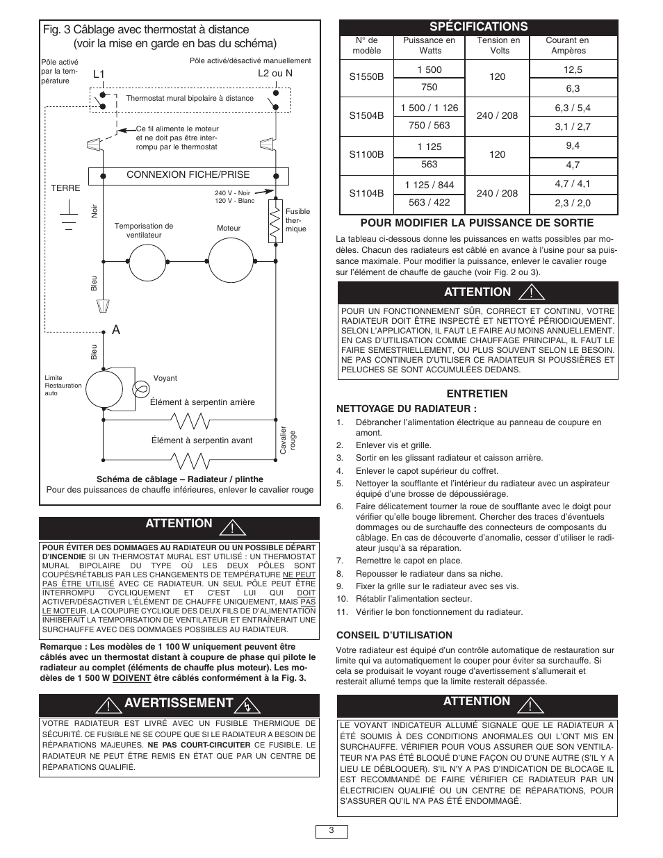 Avertissement, Attention, Spécifications | Qmark QTS - Toe Space Fan-Forced Heaters User Manual | Page 11 / 12
