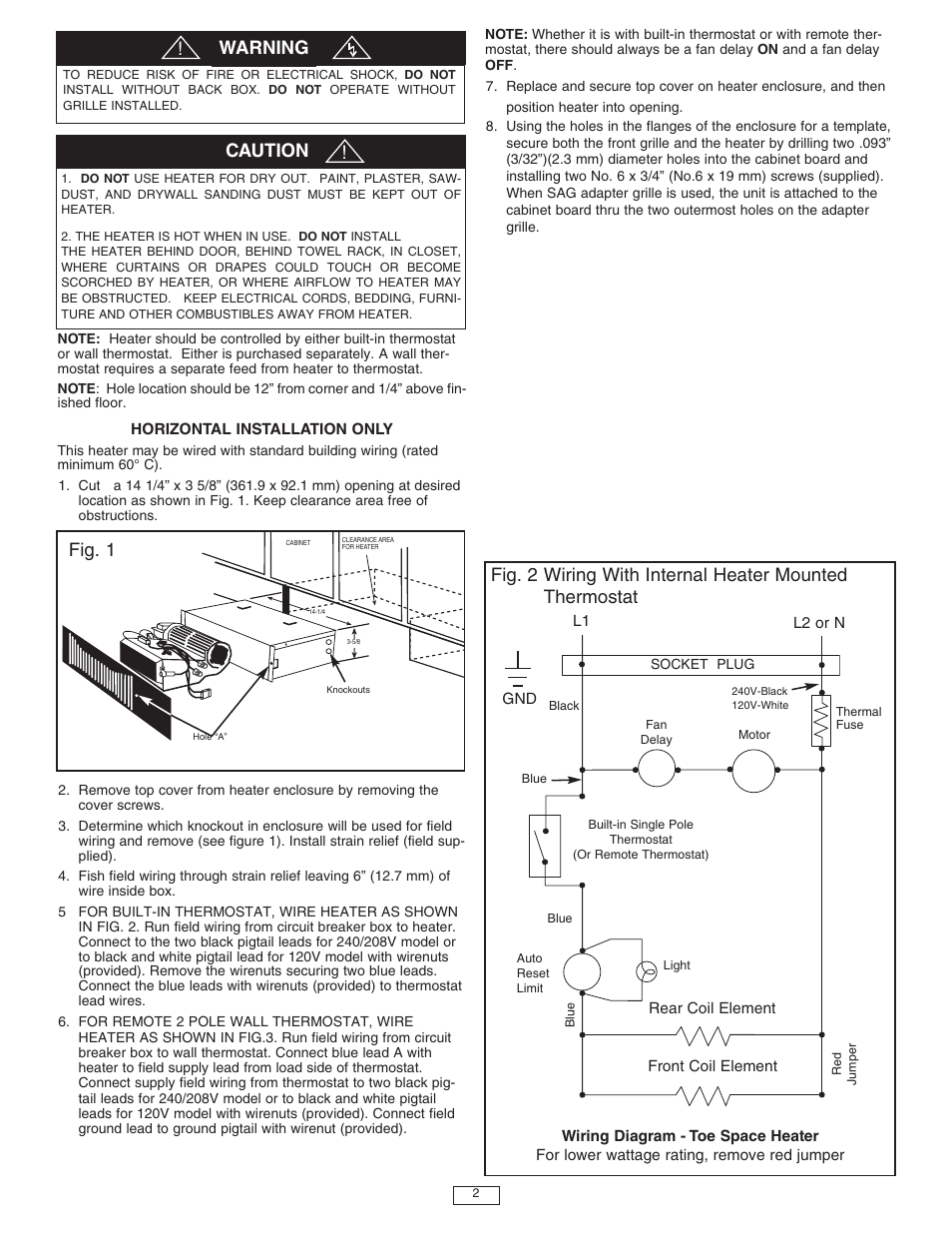 Warning, Caution, Fig. 1 | Qmark QTS - Toe Space Fan-Forced Heaters User Manual | Page 2 / 12