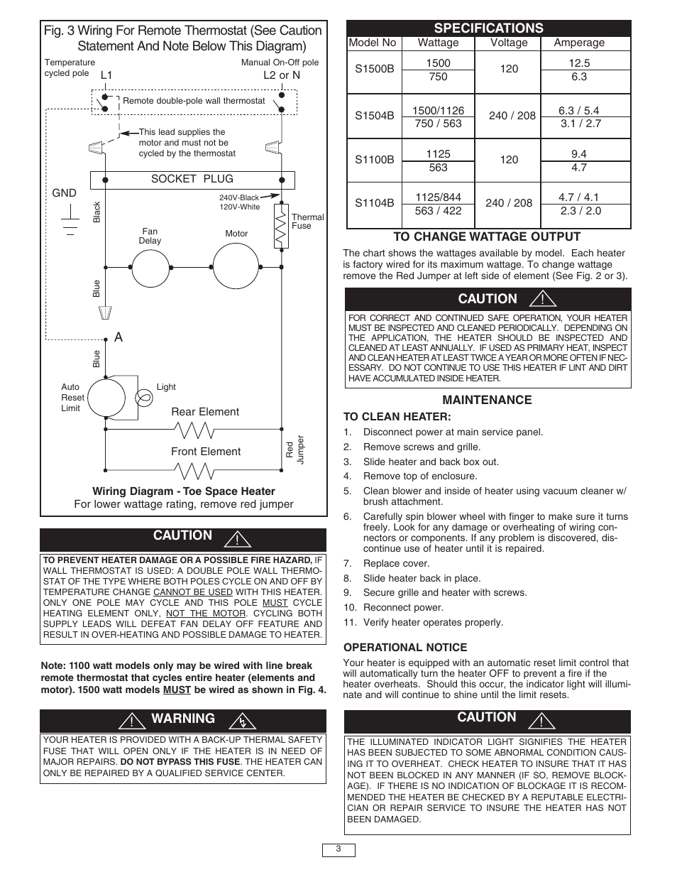 Caution, Warning, Specifications | Qmark QTS - Toe Space Fan-Forced Heaters User Manual | Page 3 / 12