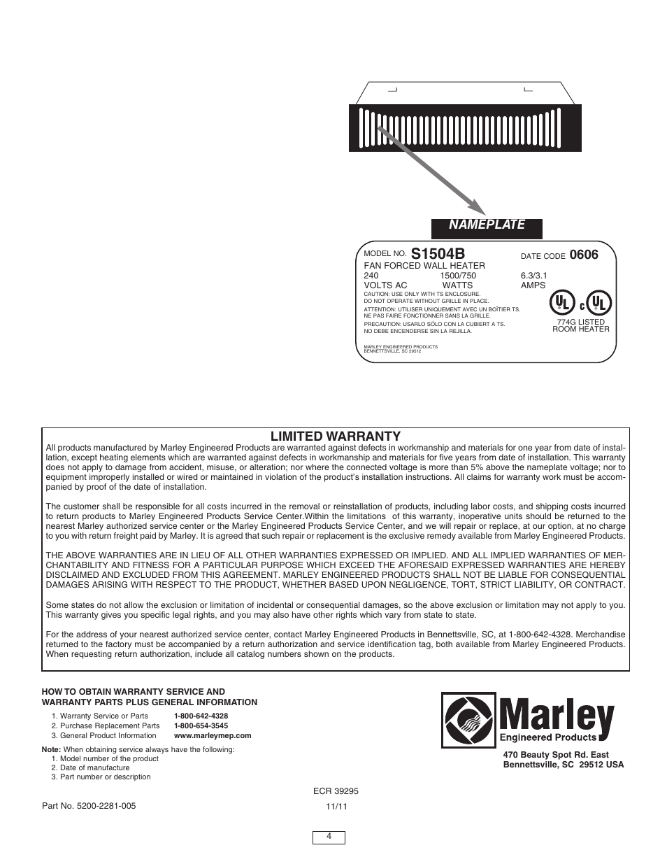 S1504b, Limited warranty, Nameplate | Qmark QTS - Toe Space Fan-Forced Heaters User Manual | Page 4 / 12