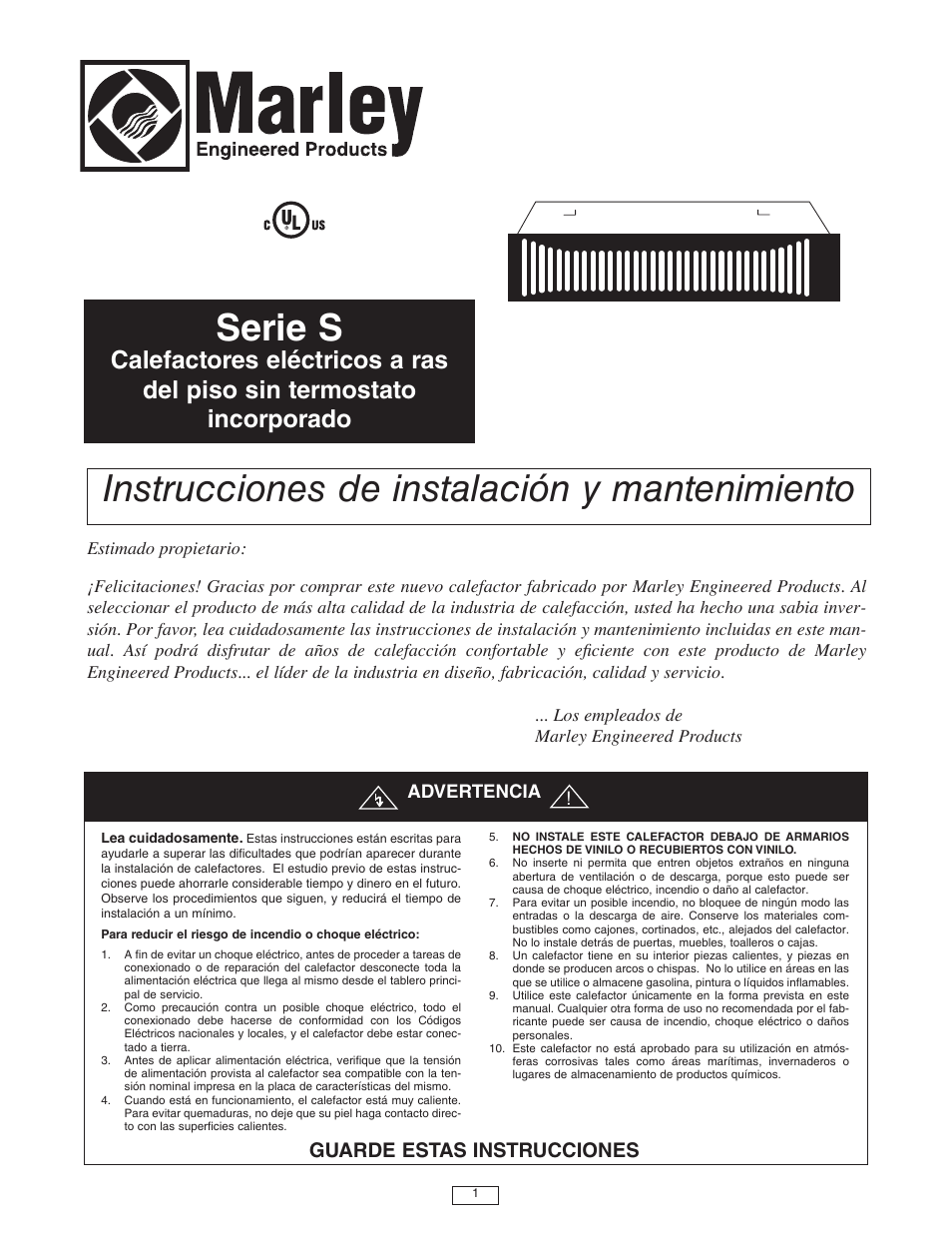 Serie s, Instrucciones de instalación y mantenimiento, Guarde estas instrucciones | Qmark QTS - Toe Space Fan-Forced Heaters User Manual | Page 5 / 12