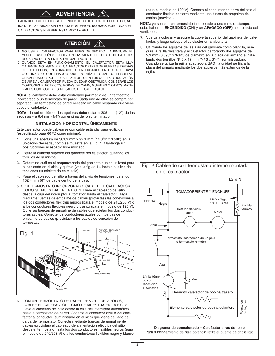 Fig. 1, Advertencia, Atención | Qmark QTS - Toe Space Fan-Forced Heaters User Manual | Page 6 / 12
