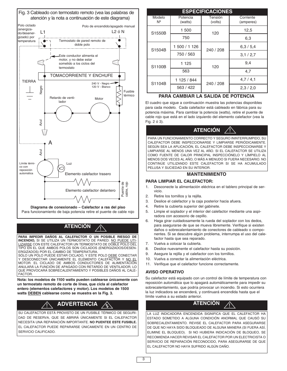 Advertencia, Atención, Especificaciones | Qmark QTS - Toe Space Fan-Forced Heaters User Manual | Page 7 / 12