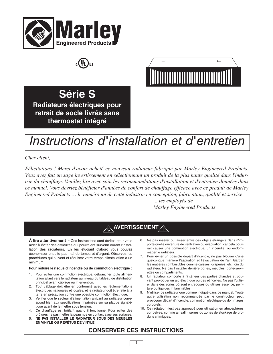 Instructions d'installation et d'entretien, Série s, Conserver ces instructions | Qmark QTS - Toe Space Fan-Forced Heaters User Manual | Page 9 / 12