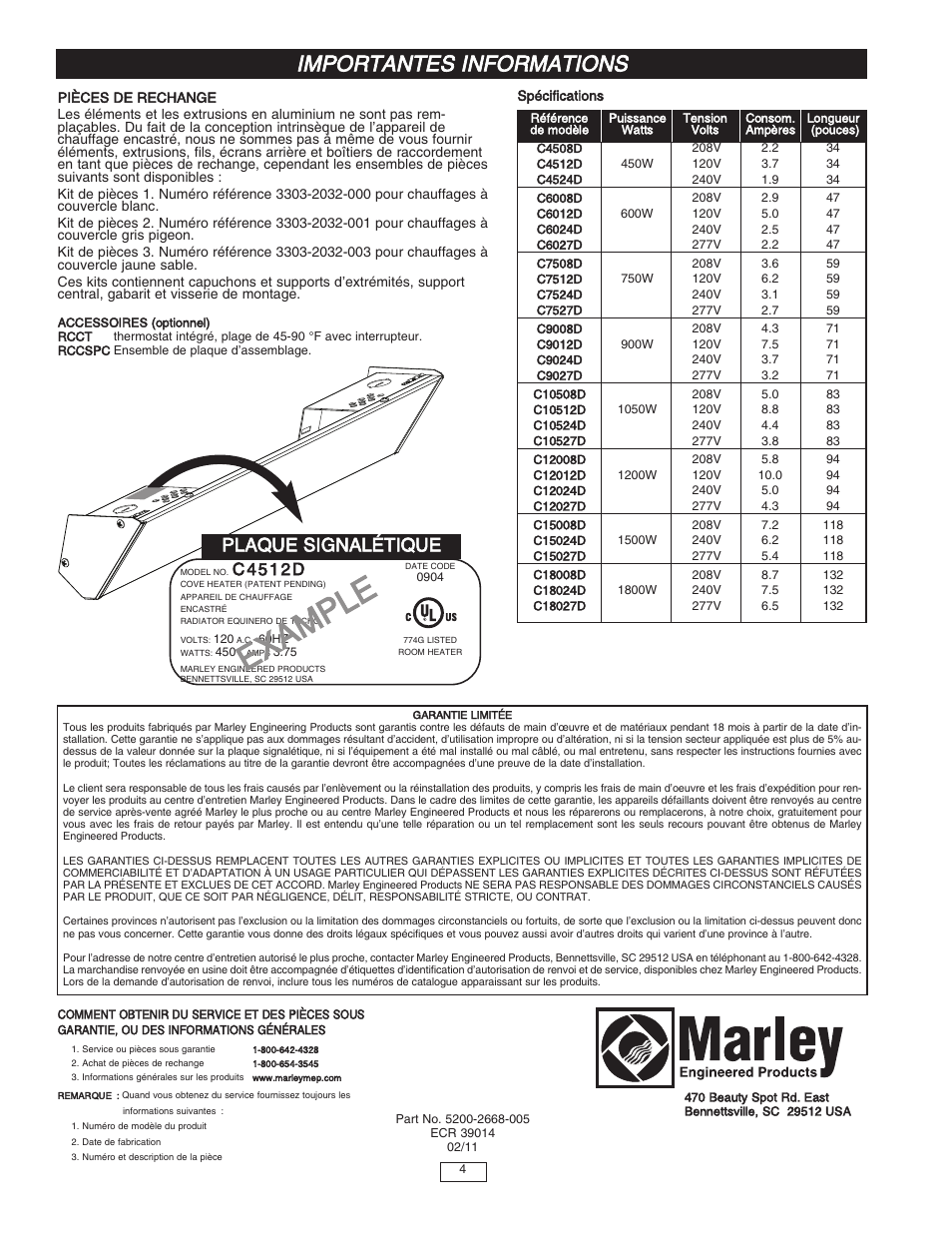 Ex am pl e, Importantes informations, Plaque signalétique | C 4 5 1 2 d | Qmark RCC - Cove Heaters User Manual | Page 12 / 12