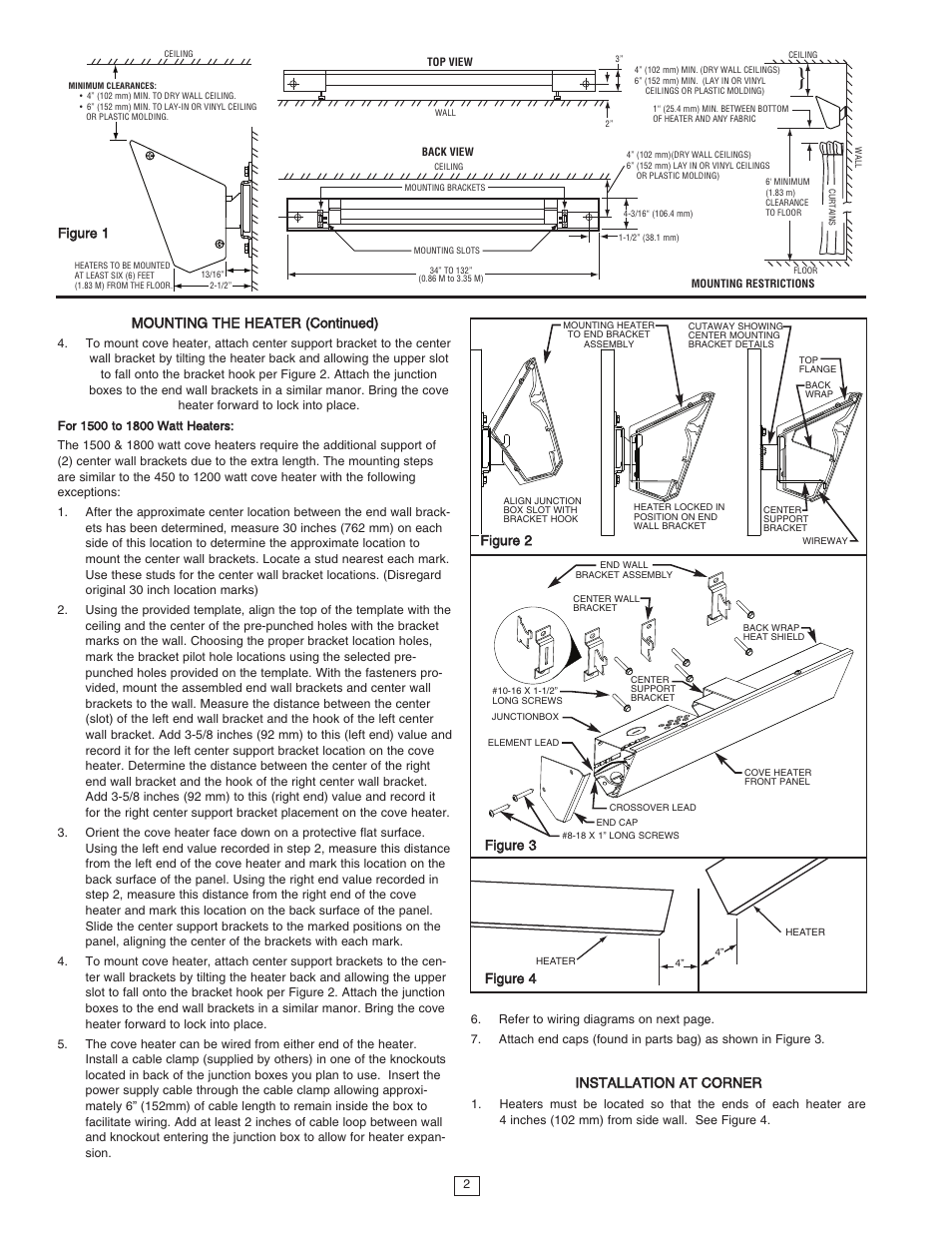 Figure 1 mounting the heater (continued), Installation at corner, Figure 2 | Figure 3, Figure 4 | Qmark RCC - Cove Heaters User Manual | Page 2 / 12