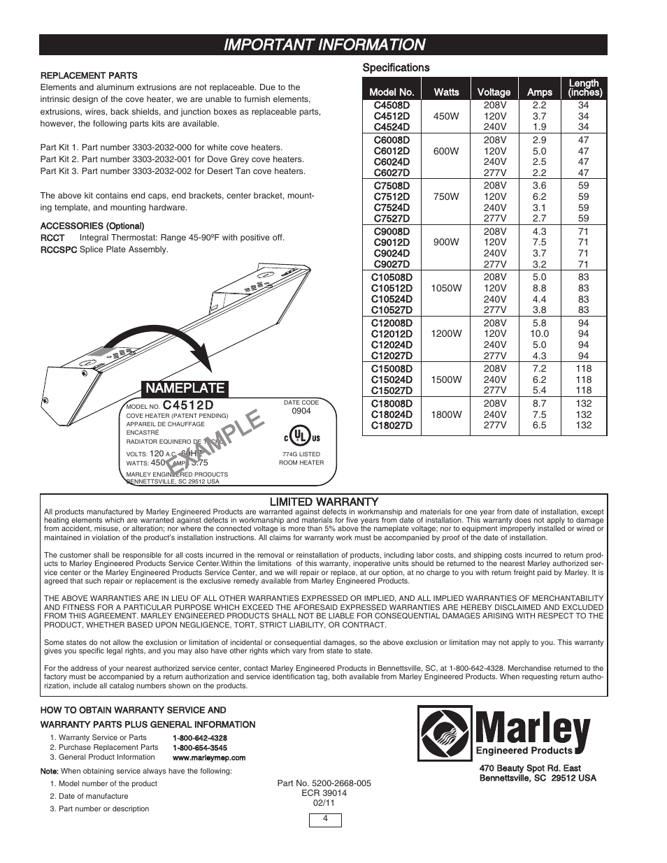 Ex am pl e, Important information, Nameplate | C 4 5 1 2 d | Qmark RCC - Cove Heaters User Manual | Page 4 / 12