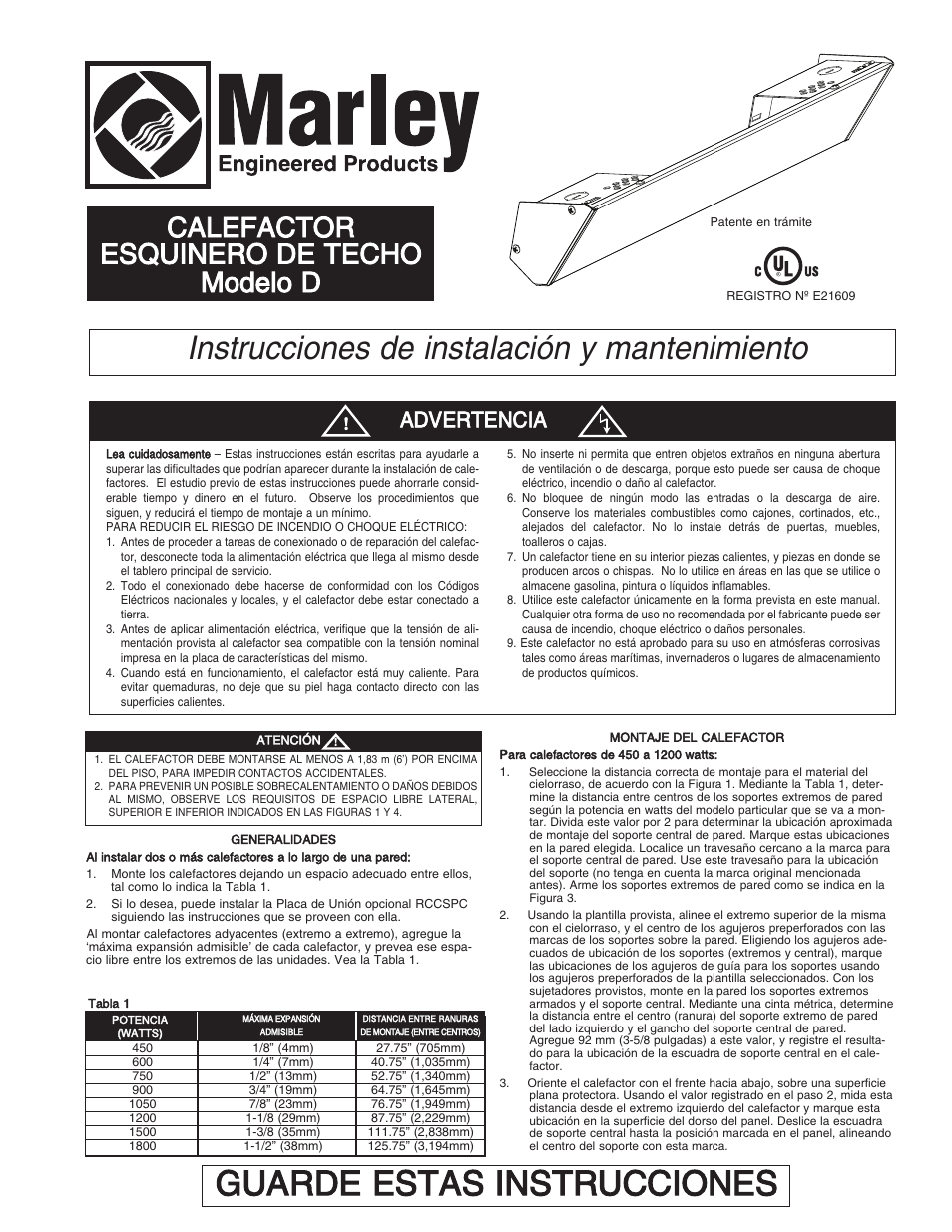 Guarde estas instrucciones, Instrucciones de instalación y mantenimiento, Calefactor esquinero de techo modelo d | Advertencia | Qmark RCC - Cove Heaters User Manual | Page 5 / 12