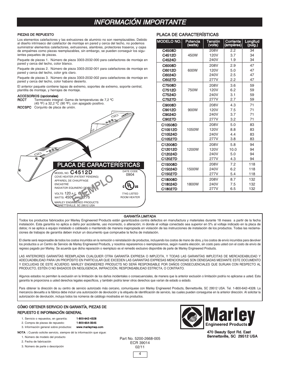 Ej em pl o, Información importante, Placa de características | C 4 5 1 2 d | Qmark RCC - Cove Heaters User Manual | Page 8 / 12