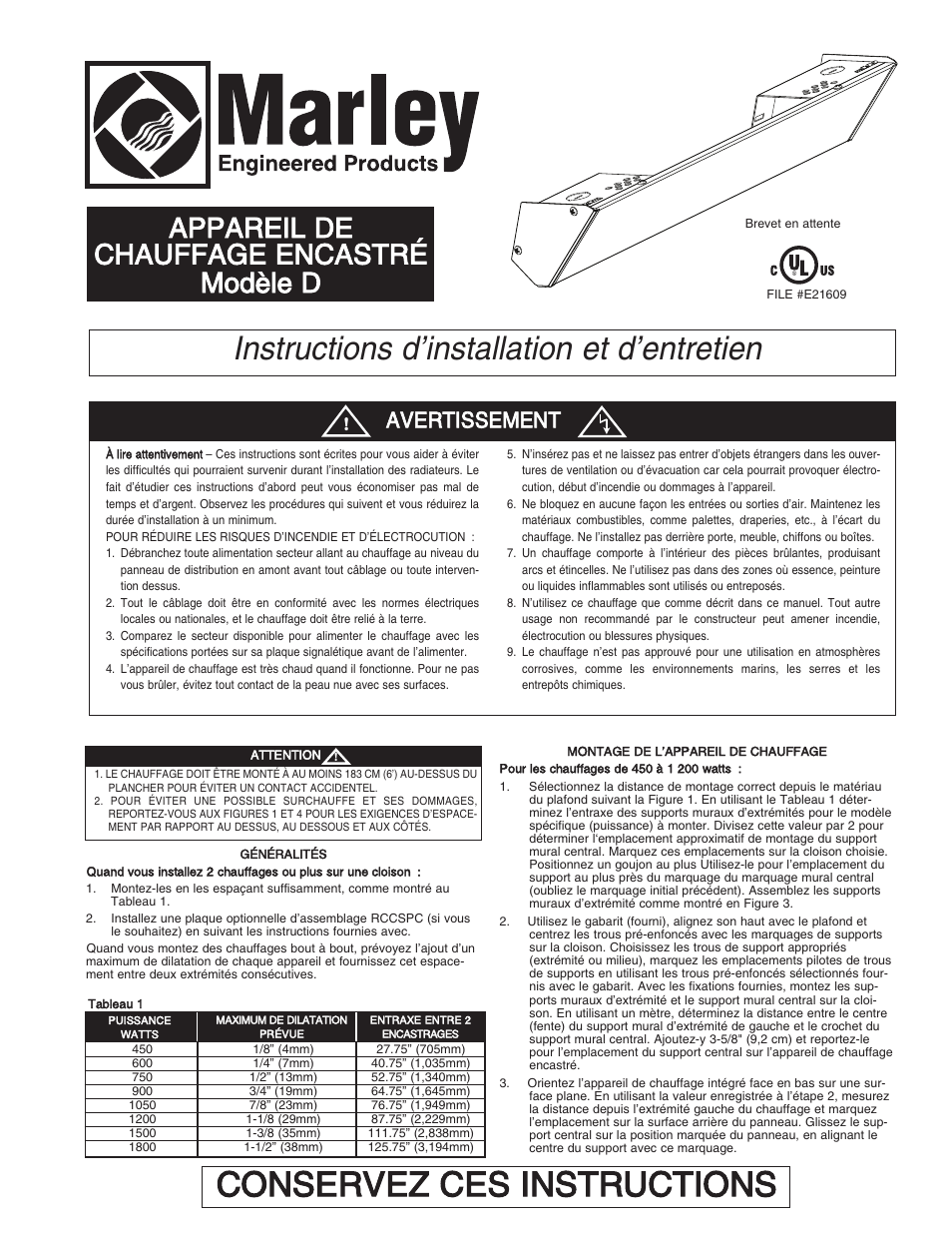 Conservez ces instructions, Instructions d’installation et d’entretien, Appareil de chauffage encastré modèle d | Avertissement | Qmark RCC - Cove Heaters User Manual | Page 9 / 12