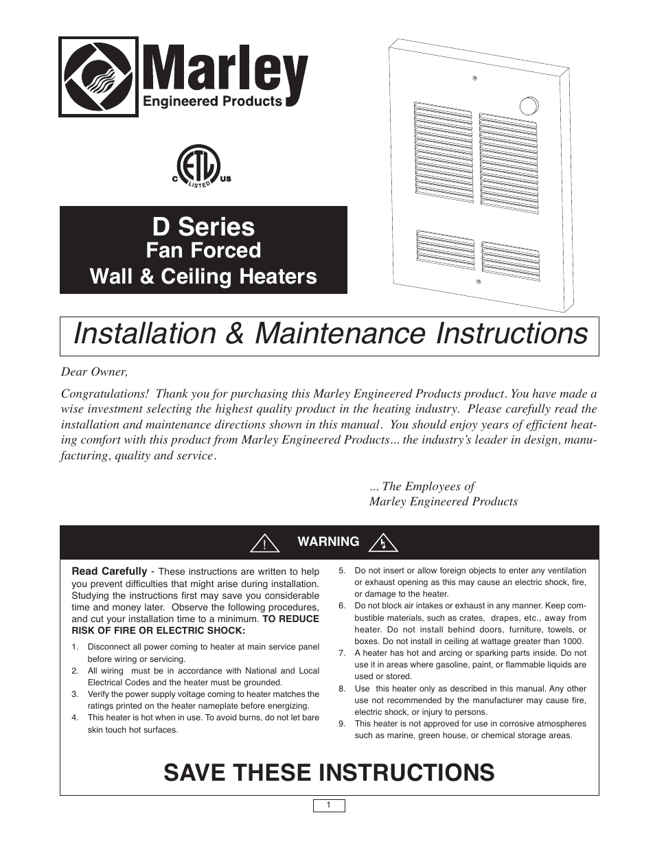 Qmark SED Series - Fan-Forced Wall Heaters User Manual | 12 pages