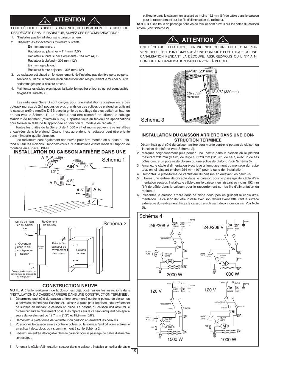 Attention, Schéma 3 schéma 1 schéma 2, Schéma 4 | 2000 watts m, 120 v, 1000 watts m, 1500 wa tts | Qmark SED Series - Fan-Forced Wall Heaters User Manual | Page 10 / 12