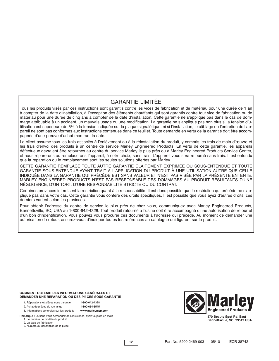 Garantie limitée | Qmark SED Series - Fan-Forced Wall Heaters User Manual | Page 12 / 12
