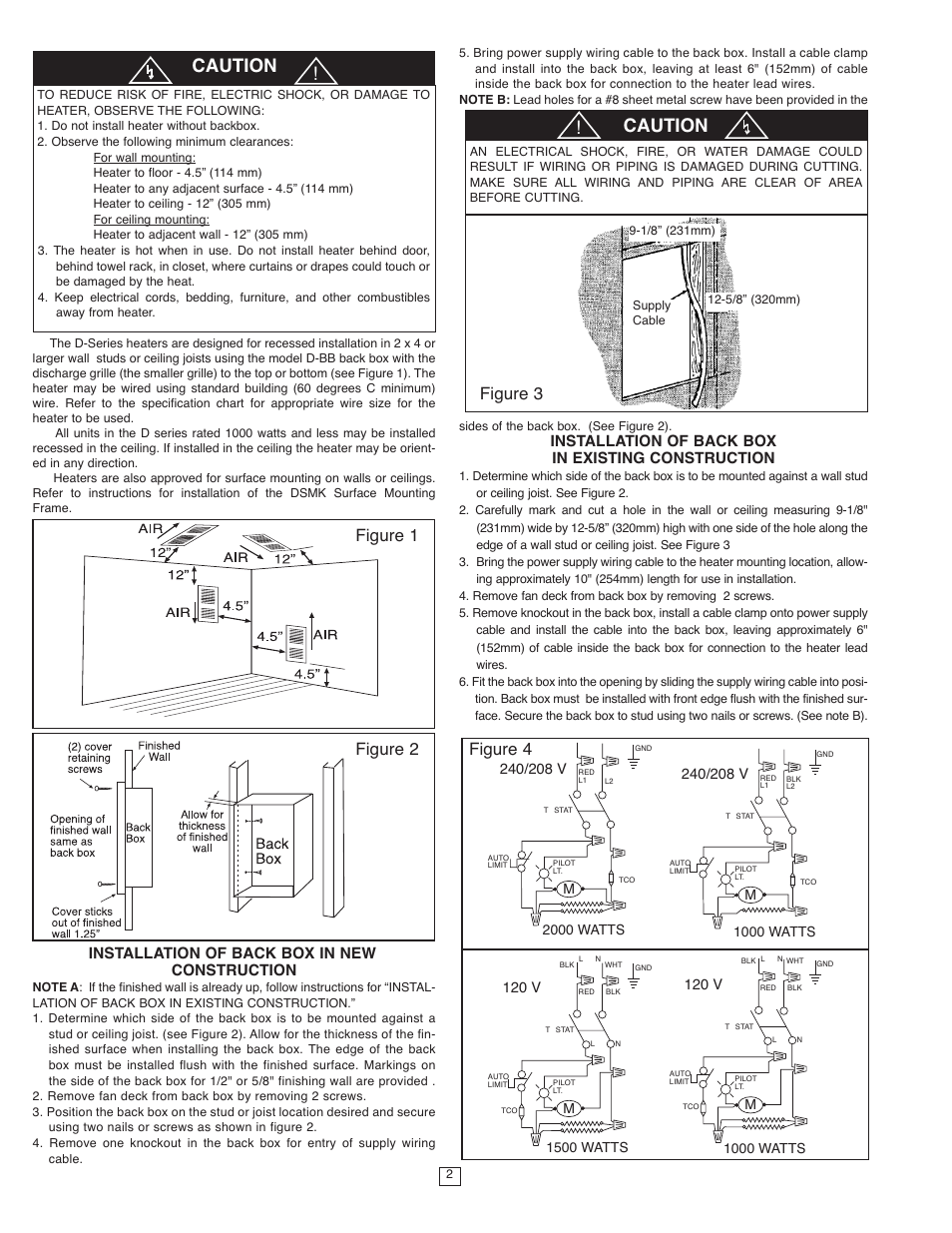 Caution, Figure 4 figure 3 figure 1 figure 2, Installation of back box in existing construction | Installation of back box in new construction | Qmark SED Series - Fan-Forced Wall Heaters User Manual | Page 2 / 12