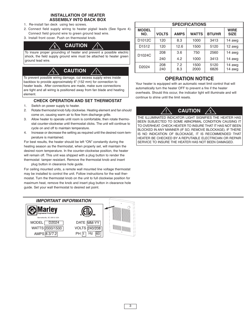 Operation notice, Caution | Qmark SED Series - Fan-Forced Wall Heaters User Manual | Page 3 / 12