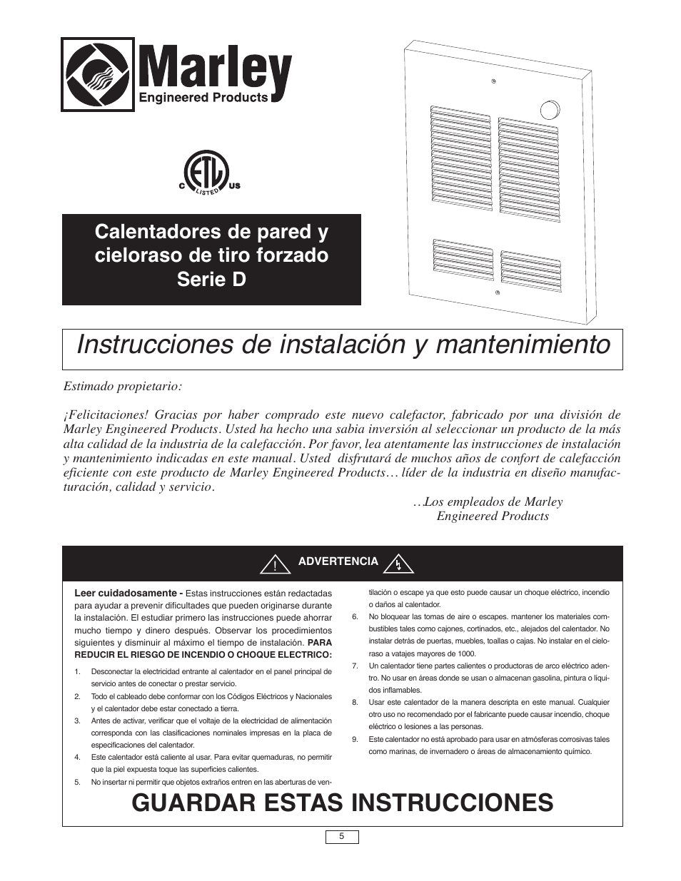Instrucciones de instalación y mantenimiento, Guardar estas instrucciones | Qmark SED Series - Fan-Forced Wall Heaters User Manual | Page 5 / 12