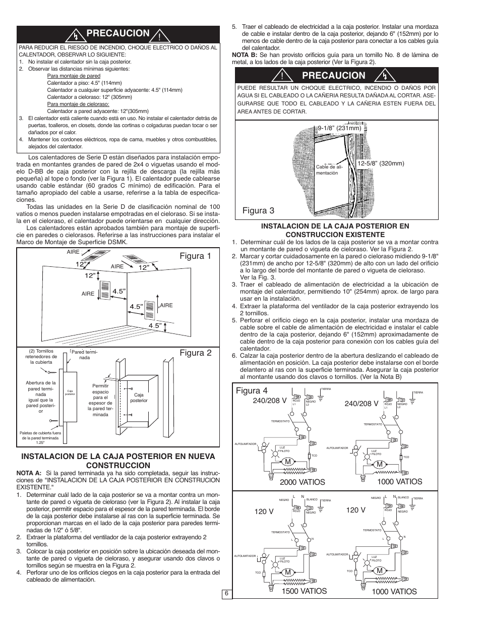 Precaucion, Figura 3 figura 1 figura 2, Figura 4 | 2000 watts m, 120 v, 1000 watts m, 1500 wa tts | Qmark SED Series - Fan-Forced Wall Heaters User Manual | Page 6 / 12