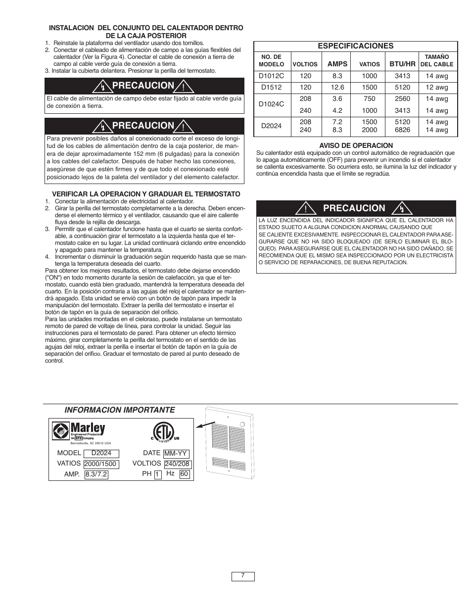 Precaucion | Qmark SED Series - Fan-Forced Wall Heaters User Manual | Page 7 / 12
