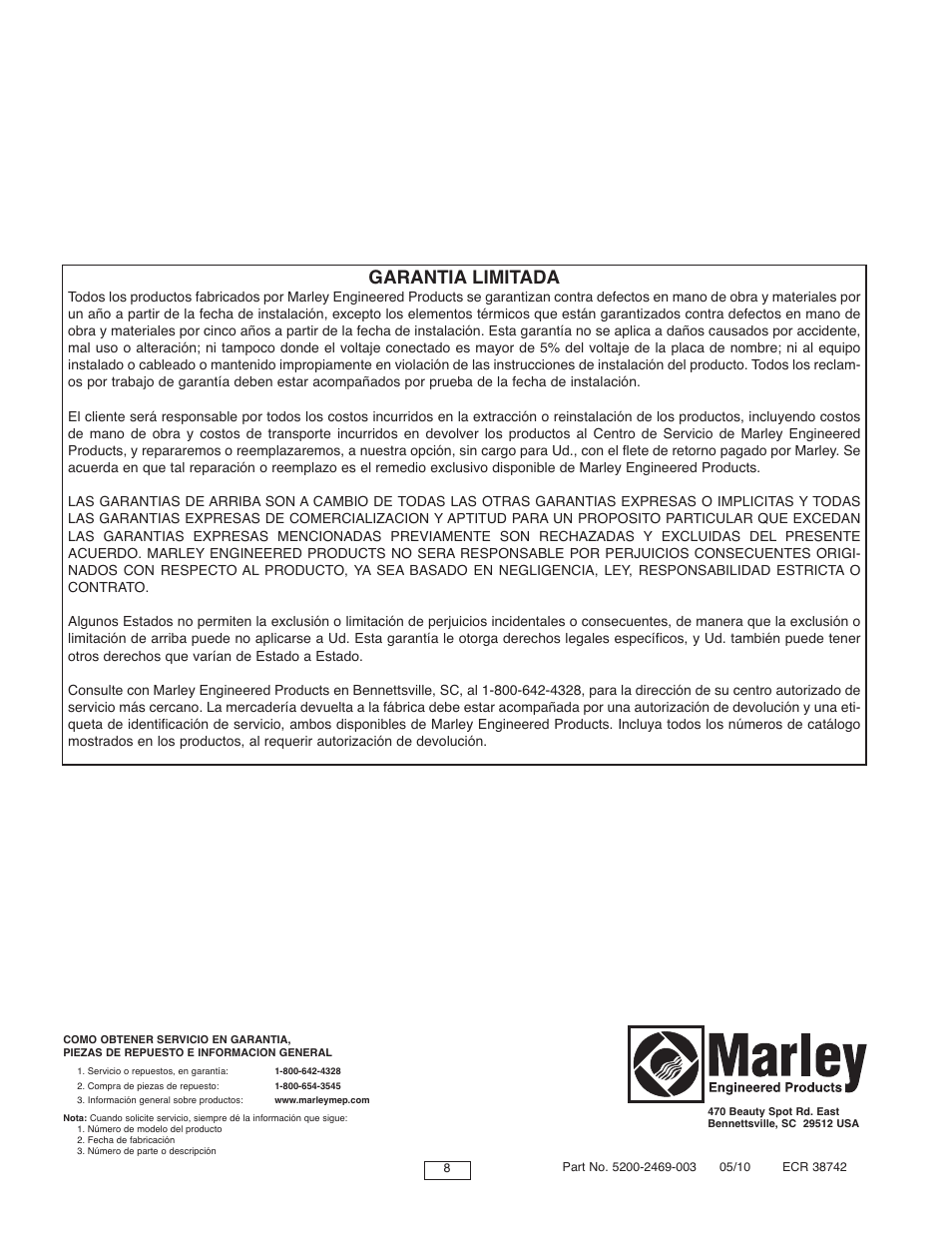 Garantia limitada | Qmark SED Series - Fan-Forced Wall Heaters User Manual | Page 8 / 12