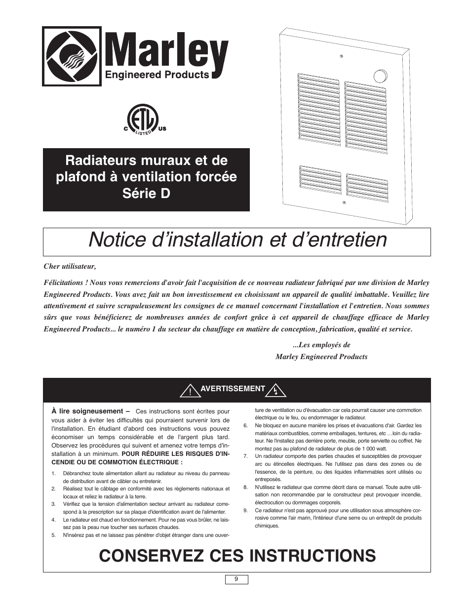 Notice dʼinstallation et dʼentretien, Conservez ces instructions | Qmark SED Series - Fan-Forced Wall Heaters User Manual | Page 9 / 12