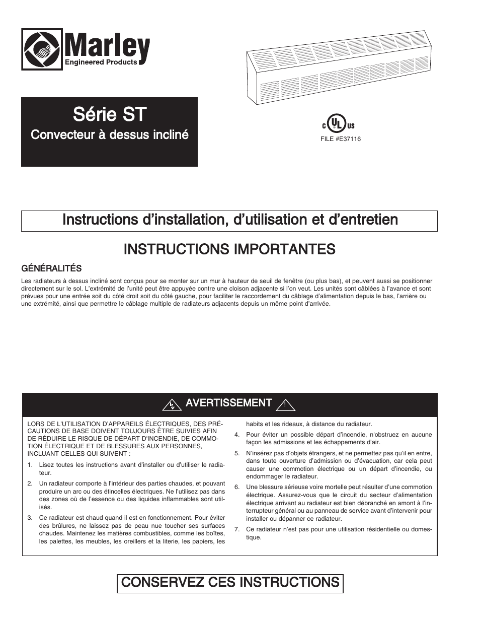 Série st, Instructions importantes, Conservez ces instructions | Convecteur à dessus incliné, Avertissement | Qmark ST - Commercial Slope Top Convectors User Manual | Page 12 / 16