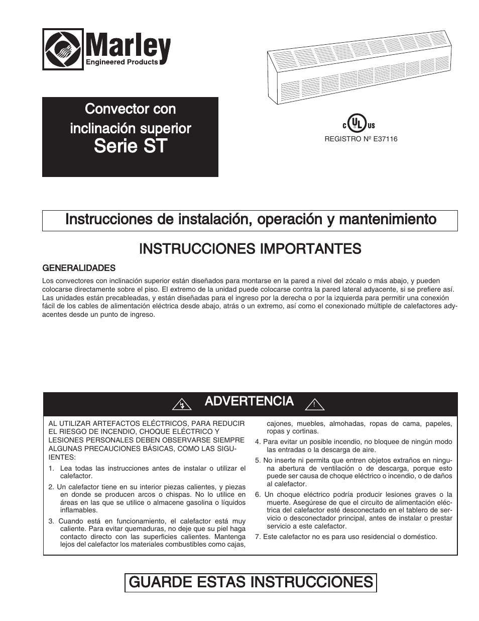 Serie st, Guarde estas instrucciones, Convector con inclinación superior | Instrucciones importantes, Advertencia | Qmark ST - Commercial Slope Top Convectors User Manual | Page 7 / 16