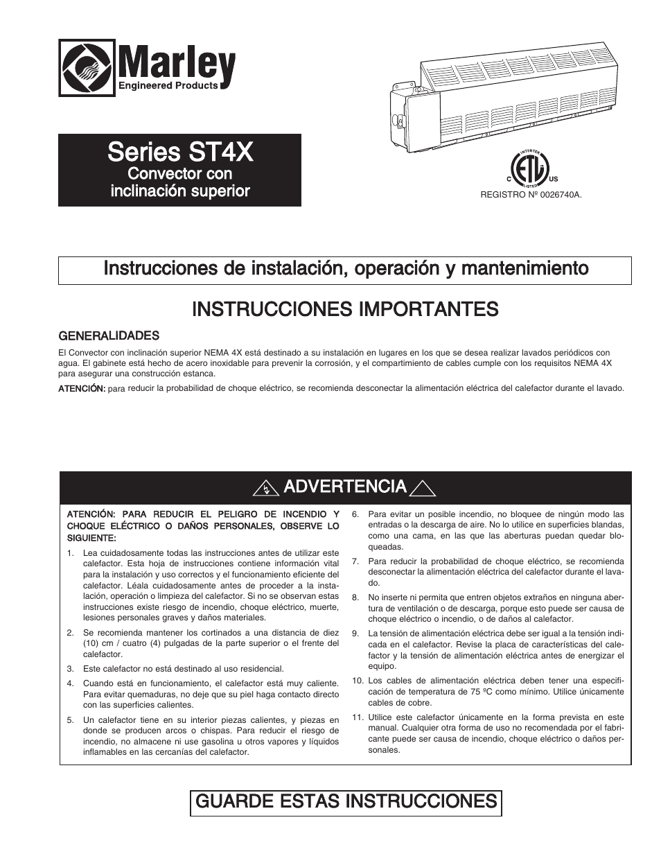 Series st4x, Instrucciones importantes, Guarde estas instrucciones | Advertencia, Convector con inclinación superior | Qmark ST - Commercial Slope Top Convectors User Manual | Page 5 / 12