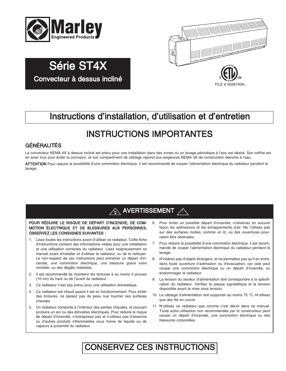 Série st4x, Instructions importantes, Conservez ces instructions | Convecteur à dessus incliné, Avertissement | Qmark ST - Commercial Slope Top Convectors User Manual | Page 9 / 12