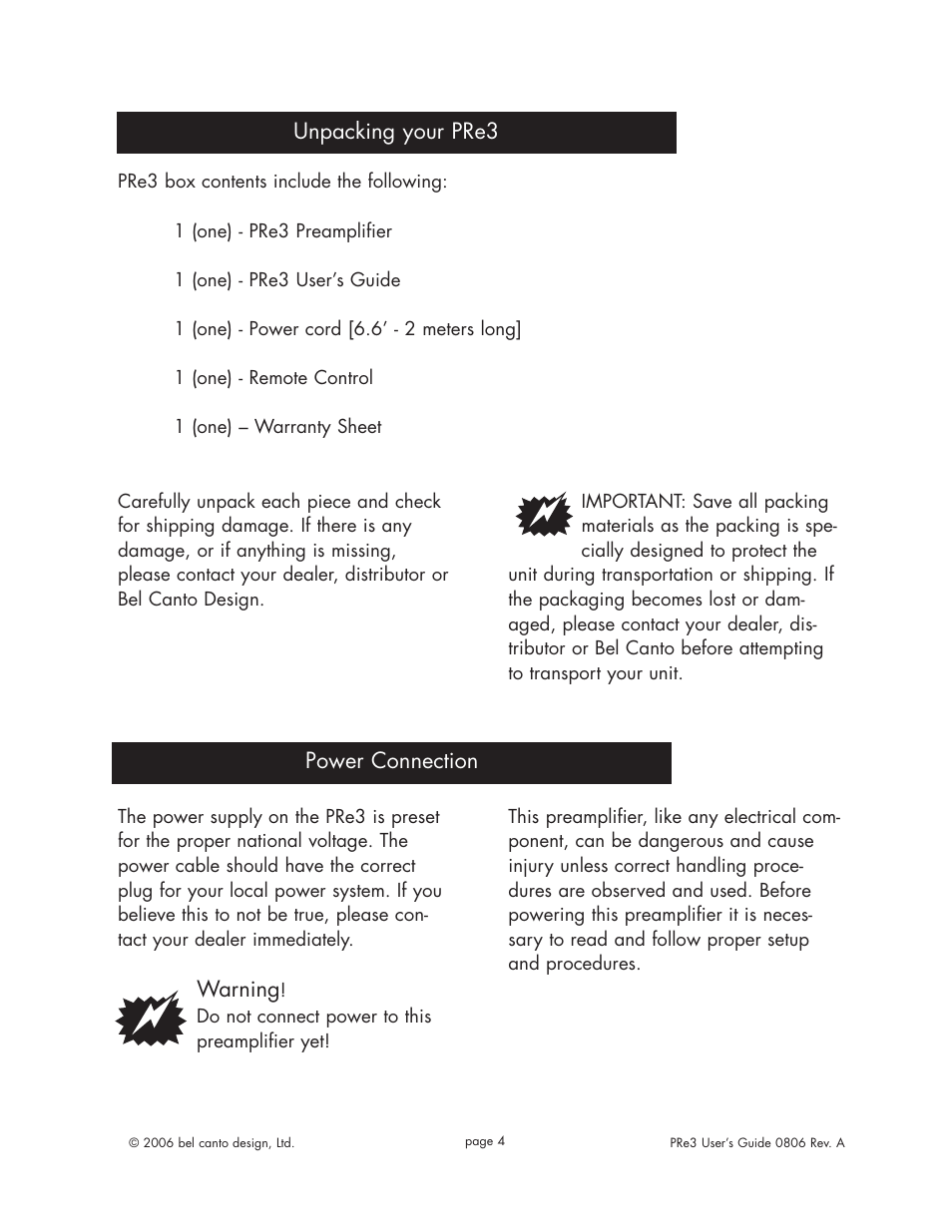 Warning, Unpacking your pre3 power connection | Bel Canto Design e.OneTM Series User Manual | Page 3 / 10