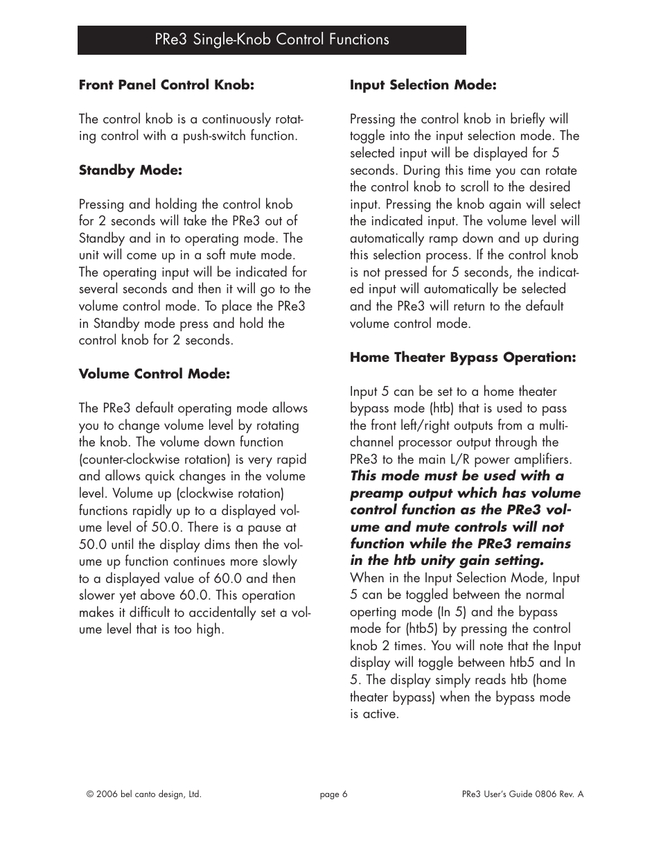 Pre3 single-knob control functions | Bel Canto Design e.OneTM Series User Manual | Page 5 / 10