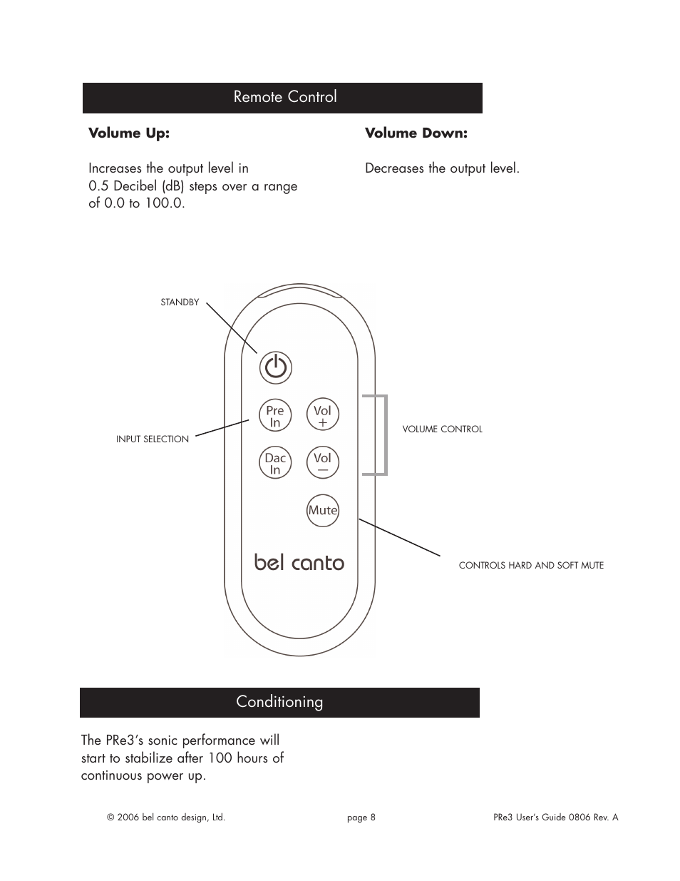 Remote control, Conditioning | Bel Canto Design e.OneTM Series User Manual | Page 7 / 10