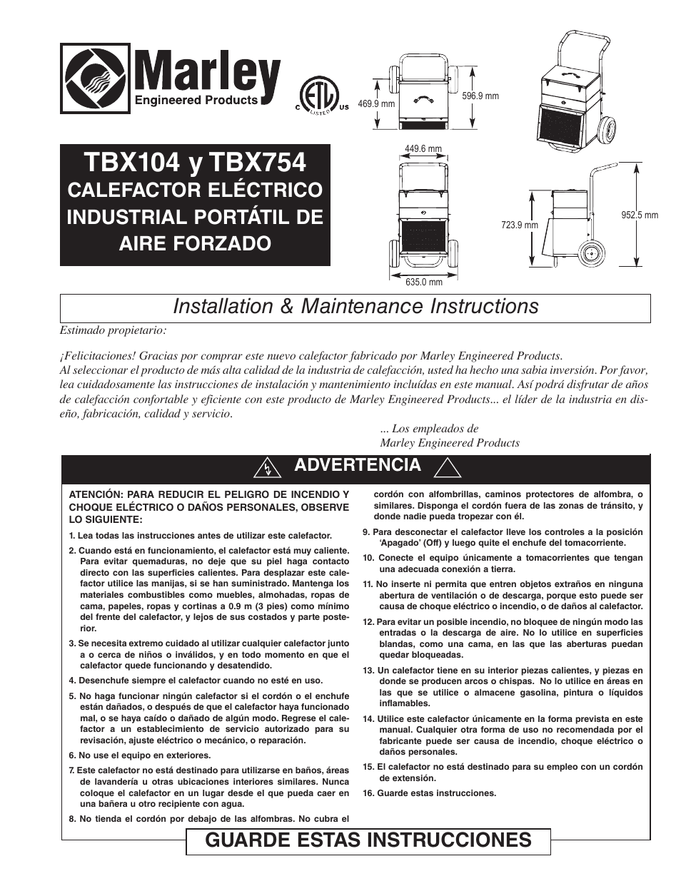 Installation & maintenance instructions, Guarde estas instrucciones, Advertencia | Qmark TBX - Tool Box Heater User Manual | Page 5 / 12