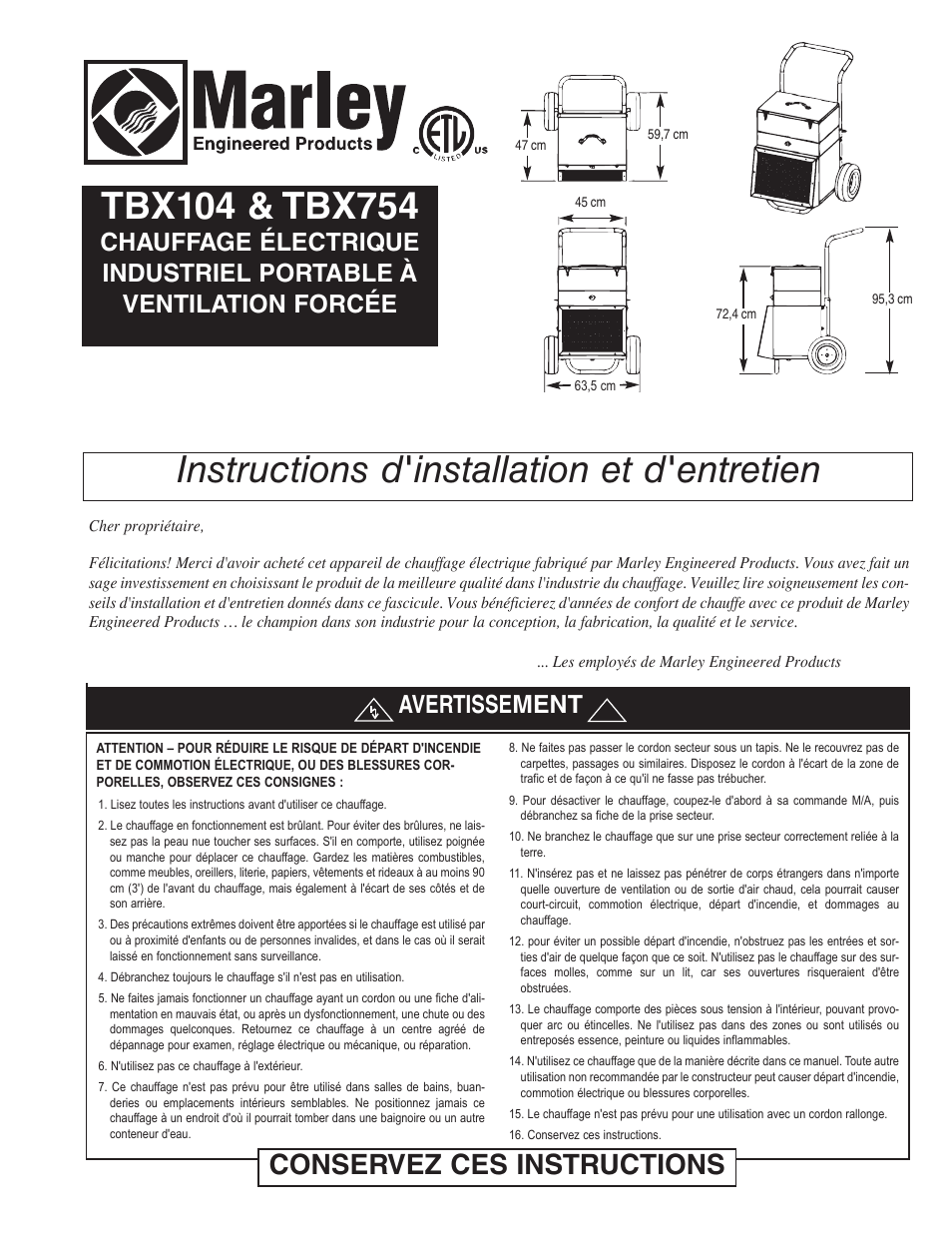 Instructions d'installation et d'entretien, Conservez ces instructions, Avertissement | Qmark TBX - Tool Box Heater User Manual | Page 9 / 12