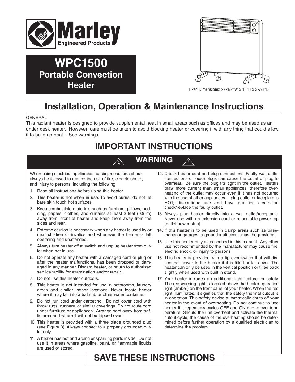 Qmark WPC1500 - Portable Panel Heater User Manual | 12 pages