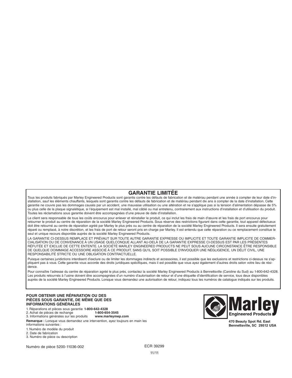 Garantie limitée | Qmark WPC1500 - Portable Panel Heater User Manual | Page 12 / 12