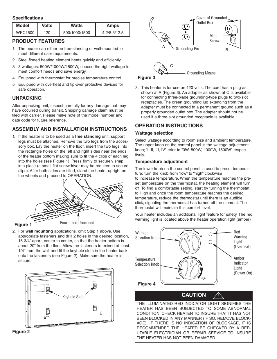 Caution | Qmark WPC1500 - Portable Panel Heater User Manual | Page 2 / 12