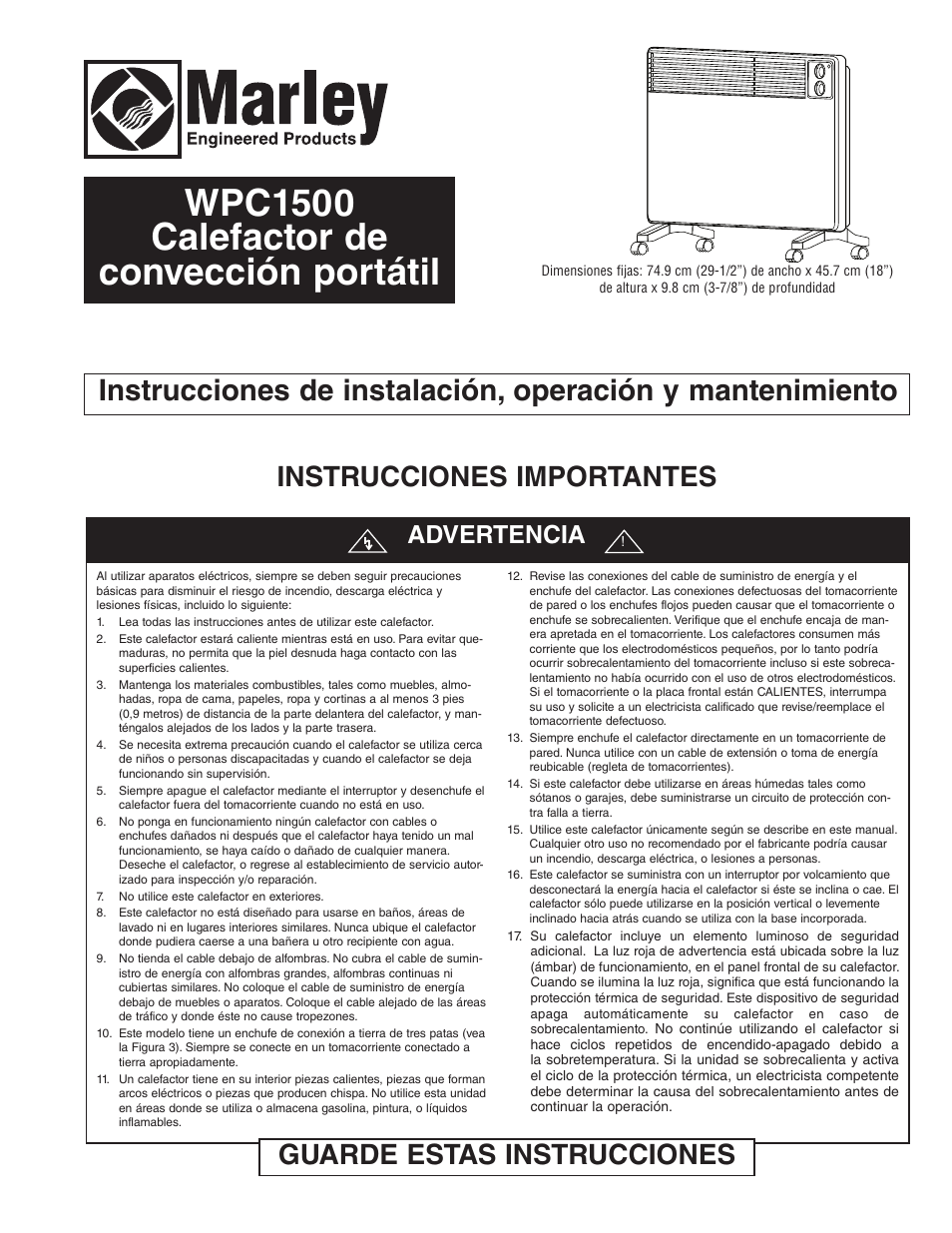 Wpc1500 calefactor de convección portátil, Guarde estas instrucciones, Instrucciones importantes | Advertencia | Qmark WPC1500 - Portable Panel Heater User Manual | Page 5 / 12