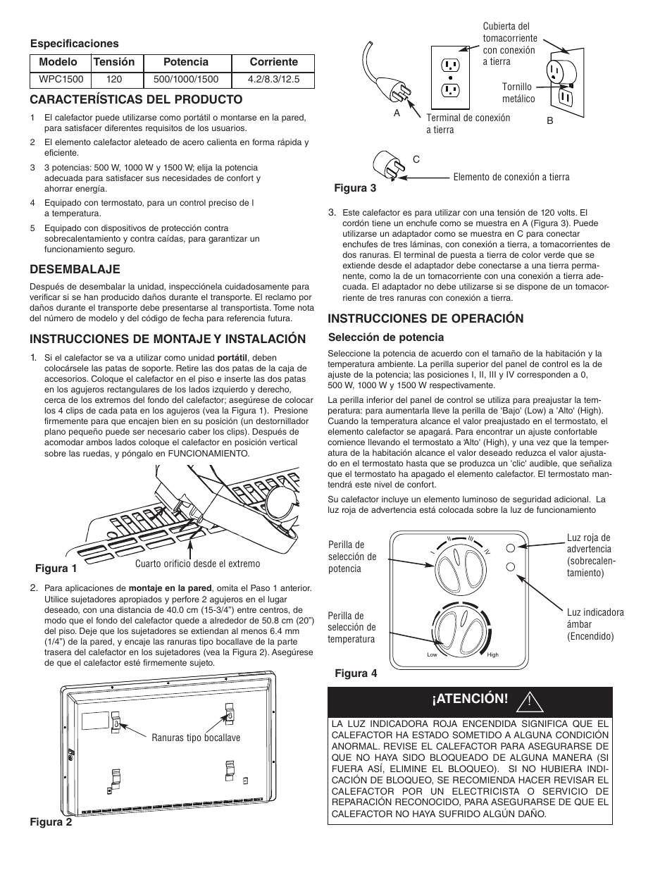 Atención, Características del producto, Desembalaje | Instrucciones de montaje y instalación, Instrucciones de operación | Qmark WPC1500 - Portable Panel Heater User Manual | Page 6 / 12
