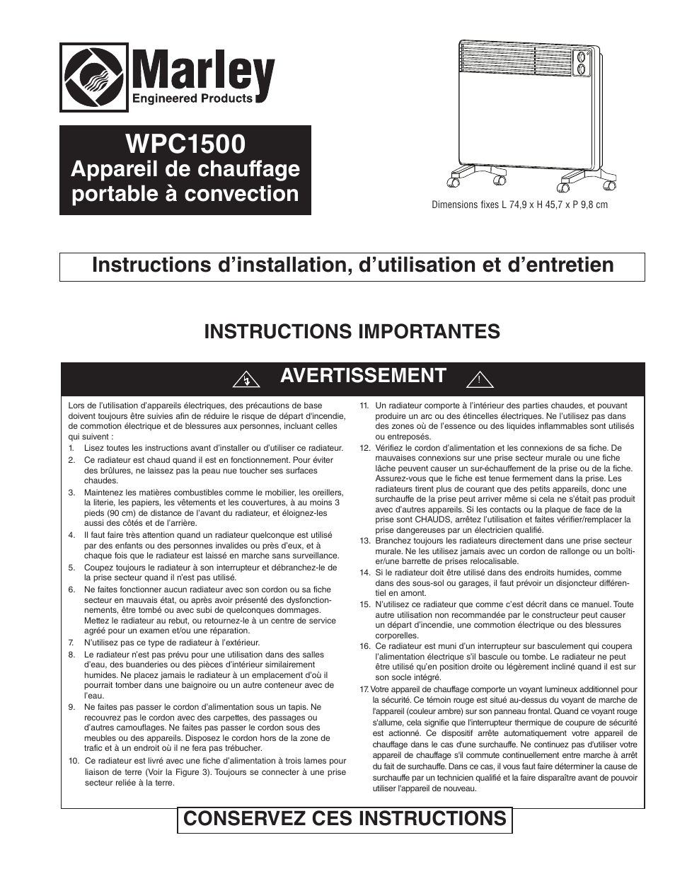 Wpc1500, Appareil de chauffage portable à convection, Conservez ces instructions avertissement | Instructions importantes | Qmark WPC1500 - Portable Panel Heater User Manual | Page 9 / 12